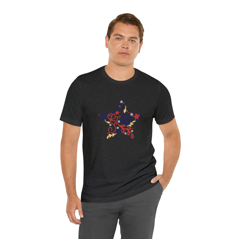 4th of July Floral Star Jersey Short Sleeve Tee - Patriotic Clothing - Made in the USA