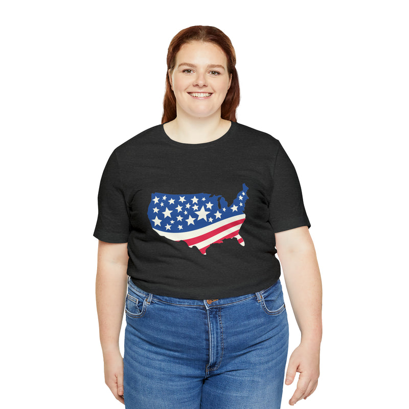 4th of July American Flag Map Jersey Short Sleeve Tee - Soft & Comfortable - Patriotic Clothing - Made in the USA