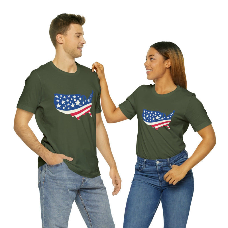 4th of July American Flag Map Jersey Short Sleeve Tee - Soft & Comfortable - Patriotic Clothing - Made in the USA