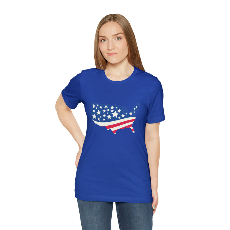 4th of July American Flag Map Jersey Short Sleeve Tee - Soft & Comfortable - Patriotic Clothing - Made in the USA