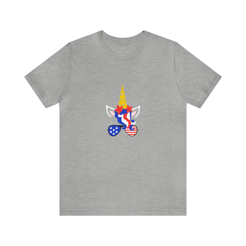 4th of July Unicorn with Sunglasses Jersey Short Sleeve Tee - Soft & Comfortable - Patriotic Clothing - Made in the USA