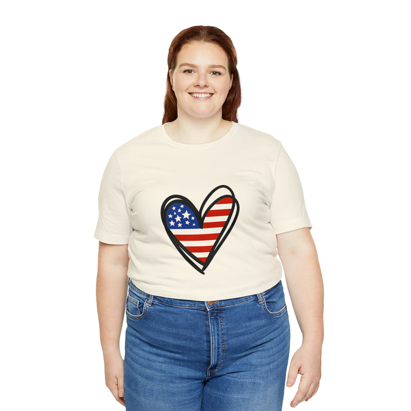 Love America Flag Heart Jersey Short Sleeve Tee - Soft & Comfortable - Patriotic Clothing - Made in the USA