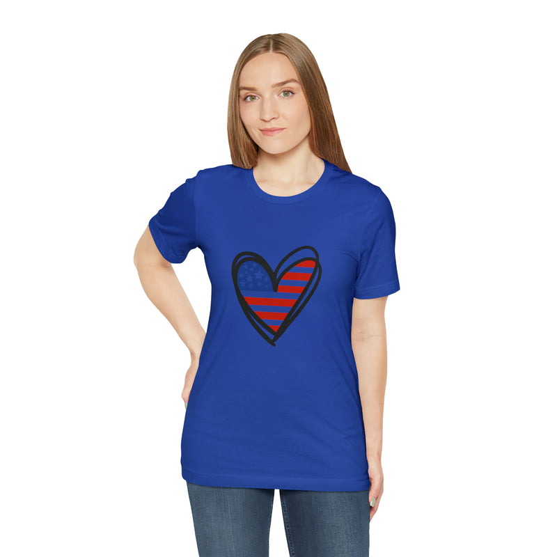 Love America Flag Heart Jersey Short Sleeve Tee - Soft & Comfortable - Patriotic Clothing - Made in the USA