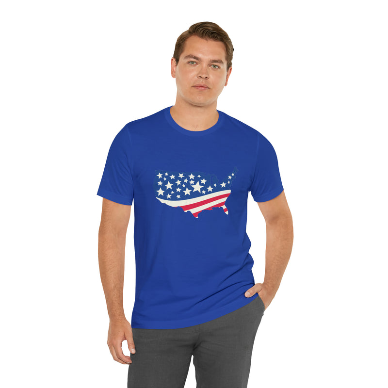 4th of July American Flag Map Jersey Short Sleeve Tee - Soft & Comfortable - Patriotic Clothing - Made in the USA