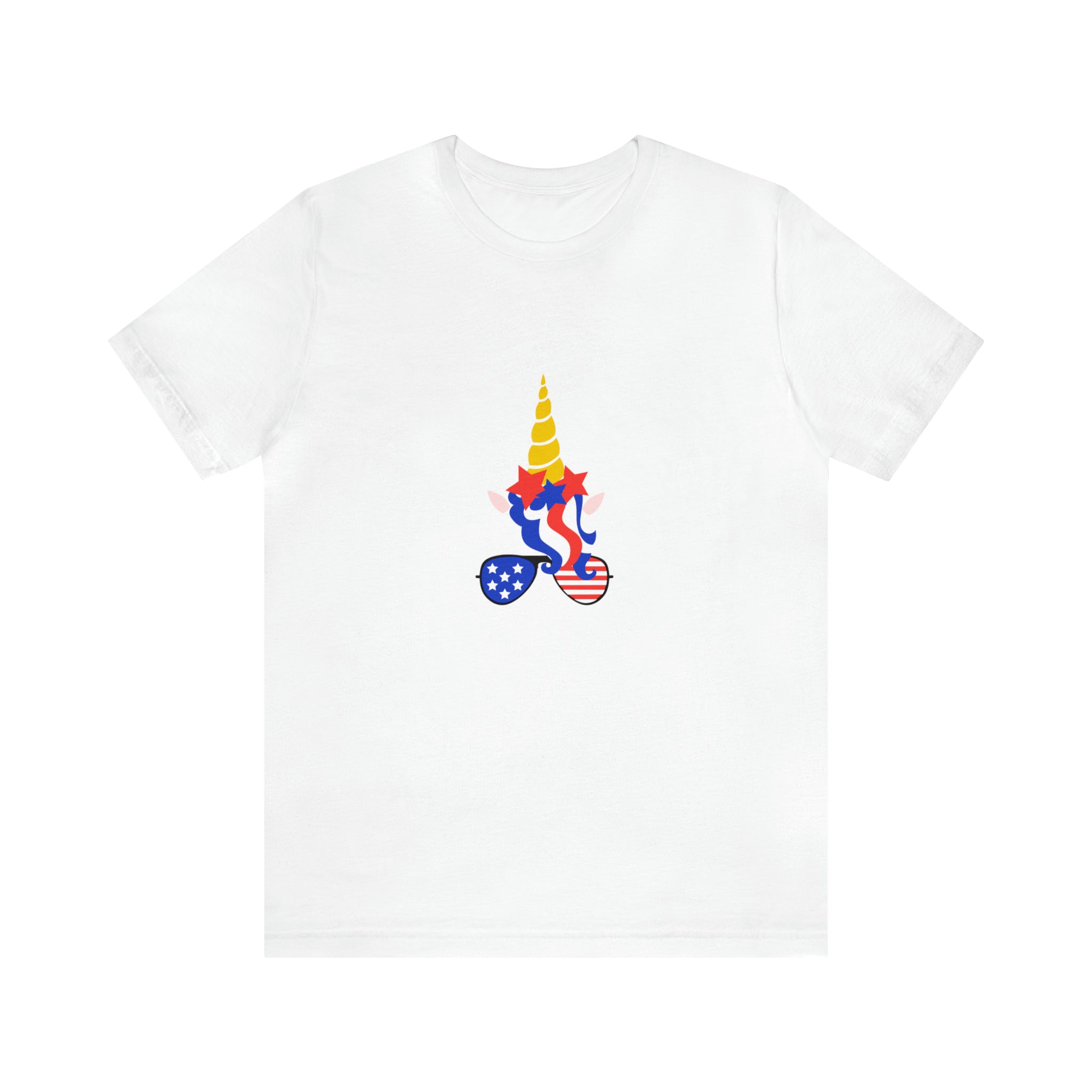 4th of July Unicorn with Sunglasses Jersey Short Sleeve Tee - Soft & Comfortable - Patriotic Clothing - Made in the USA
