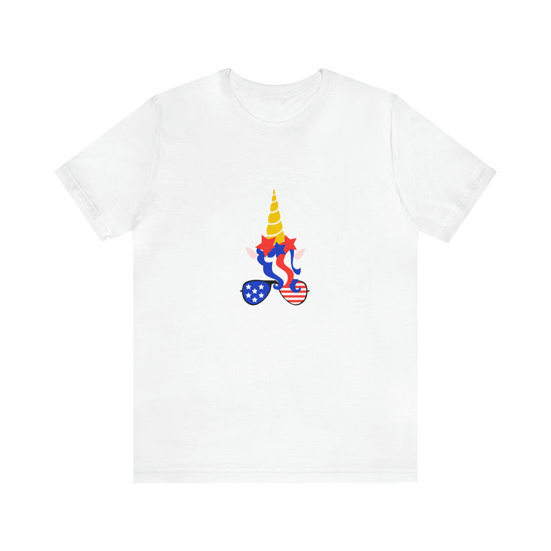 4th of July Unicorn with Sunglasses Jersey Short Sleeve Tee - Soft & Comfortable - Patriotic Clothing - Made in the USA