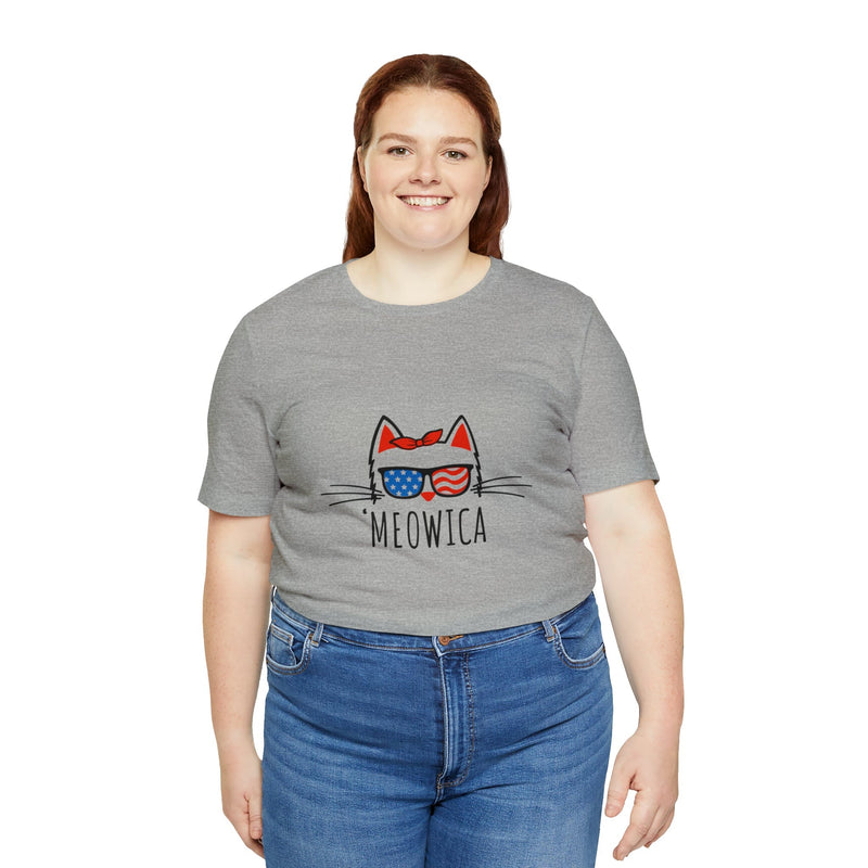 'Meowica Patriotic Cat with Sunglasses Jersey Short Sleeve Tee - Soft & Comfortable - Cute & Patriotic Clothing - Made in the USA