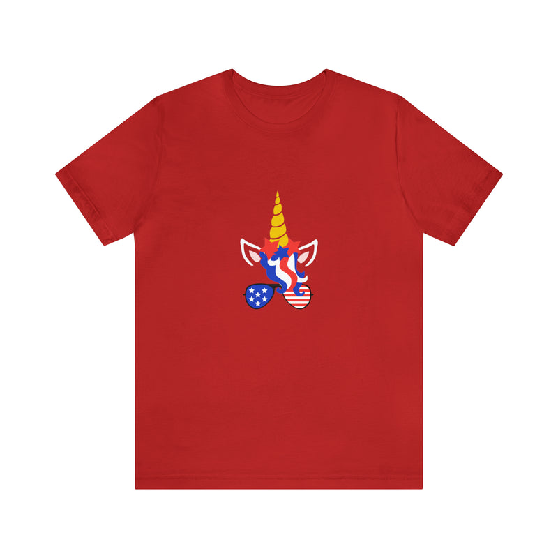 4th of July Unicorn with Sunglasses Jersey Short Sleeve Tee - Soft & Comfortable - Patriotic Clothing - Made in the USA