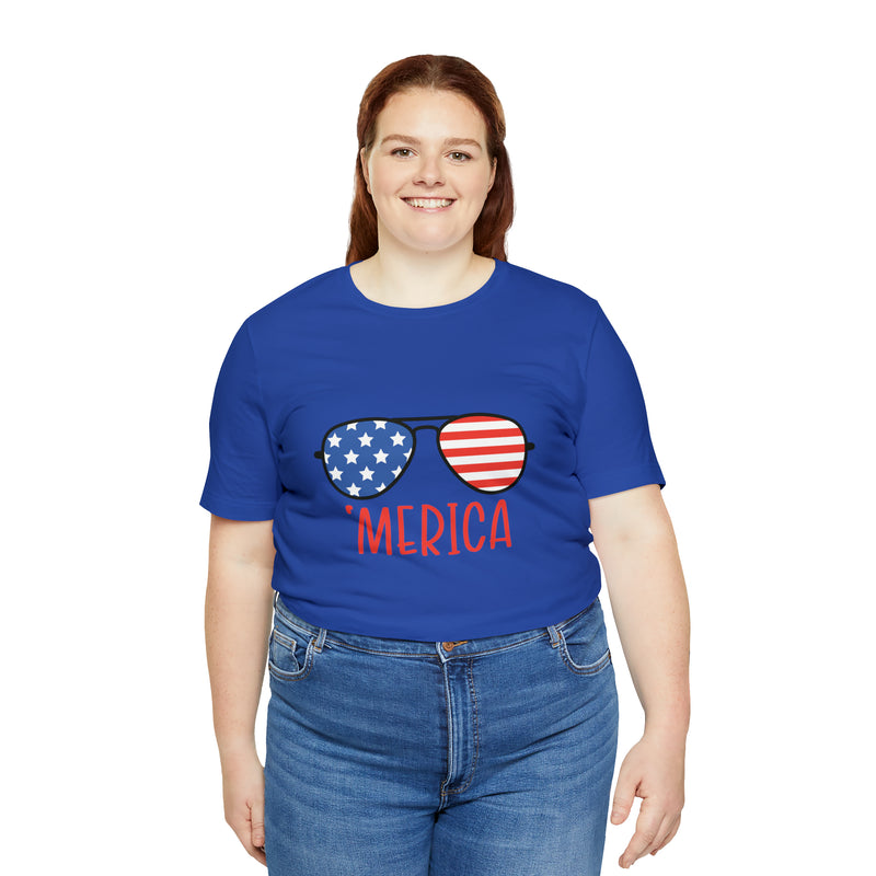 'Merica American Flag Sunglasses Jersey Short Sleeve Tee - Soft & Comfortable - Patriotic Clothing - Made in the USA