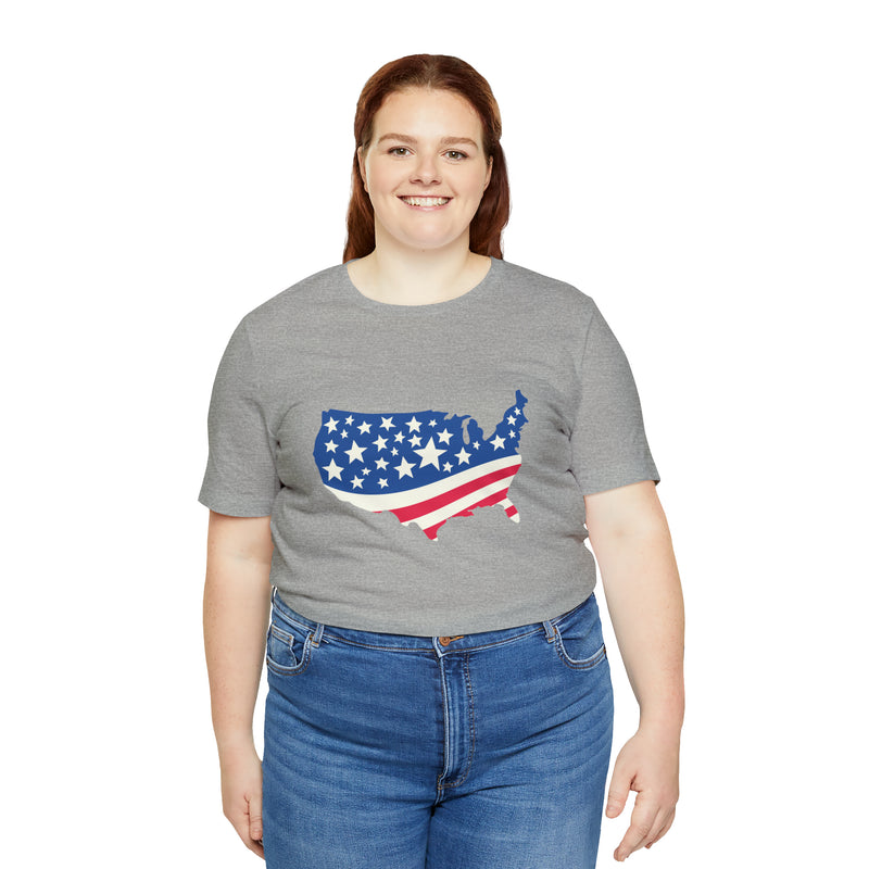 4th of July American Flag Map Jersey Short Sleeve Tee - Soft & Comfortable - Patriotic Clothing - Made in the USA