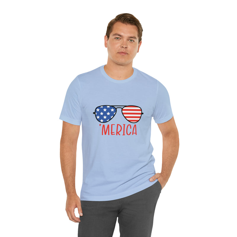 'Merica American Flag Sunglasses Jersey Short Sleeve Tee - Soft & Comfortable - Patriotic Clothing - Made in the USA