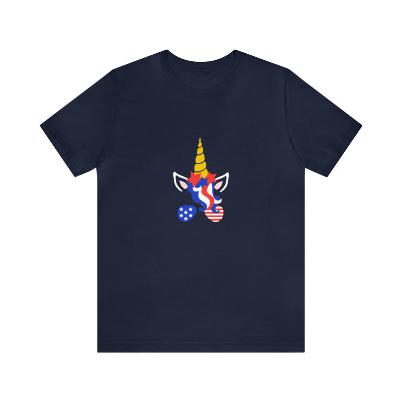 4th of July Unicorn with Sunglasses Jersey Short Sleeve Tee - Soft & Comfortable - Patriotic Clothing - Made in the USA