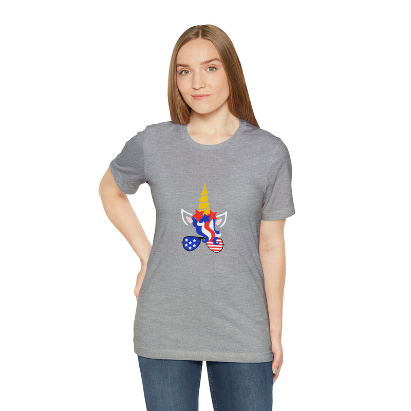 4th of July Unicorn with Sunglasses Jersey Short Sleeve Tee - Soft & Comfortable - Patriotic Clothing - Made in the USA