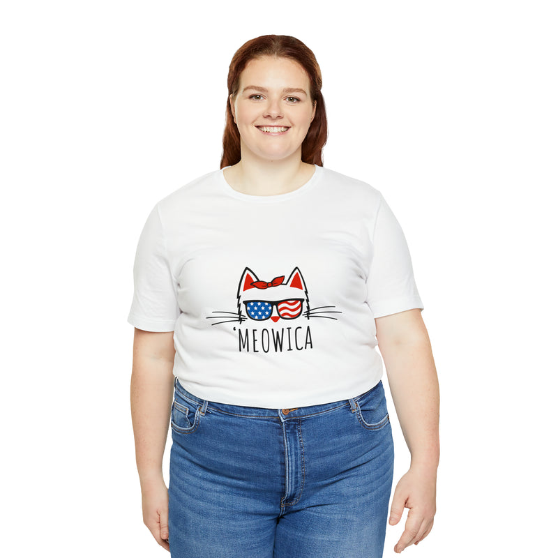 'Meowica Patriotic Cat with Sunglasses Jersey Short Sleeve Tee - Soft & Comfortable - Cute & Patriotic Clothing - Made in the USA