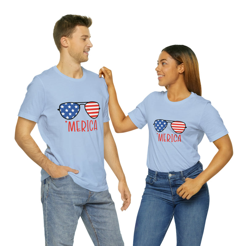 'Merica American Flag Sunglasses Jersey Short Sleeve Tee - Soft & Comfortable - Patriotic Clothing - Made in the USA