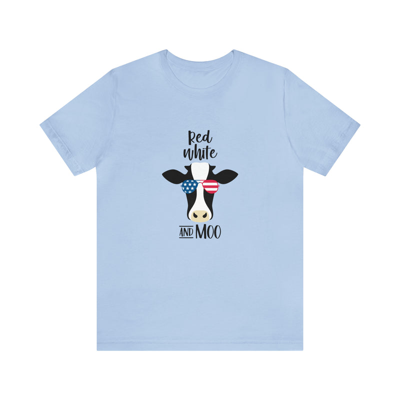 Red, White, and Moo Patriotic Cow Jersey Short Sleeve Tee - Funny & Patriotic Clothing - Soft & Comfortable - Made in the USA