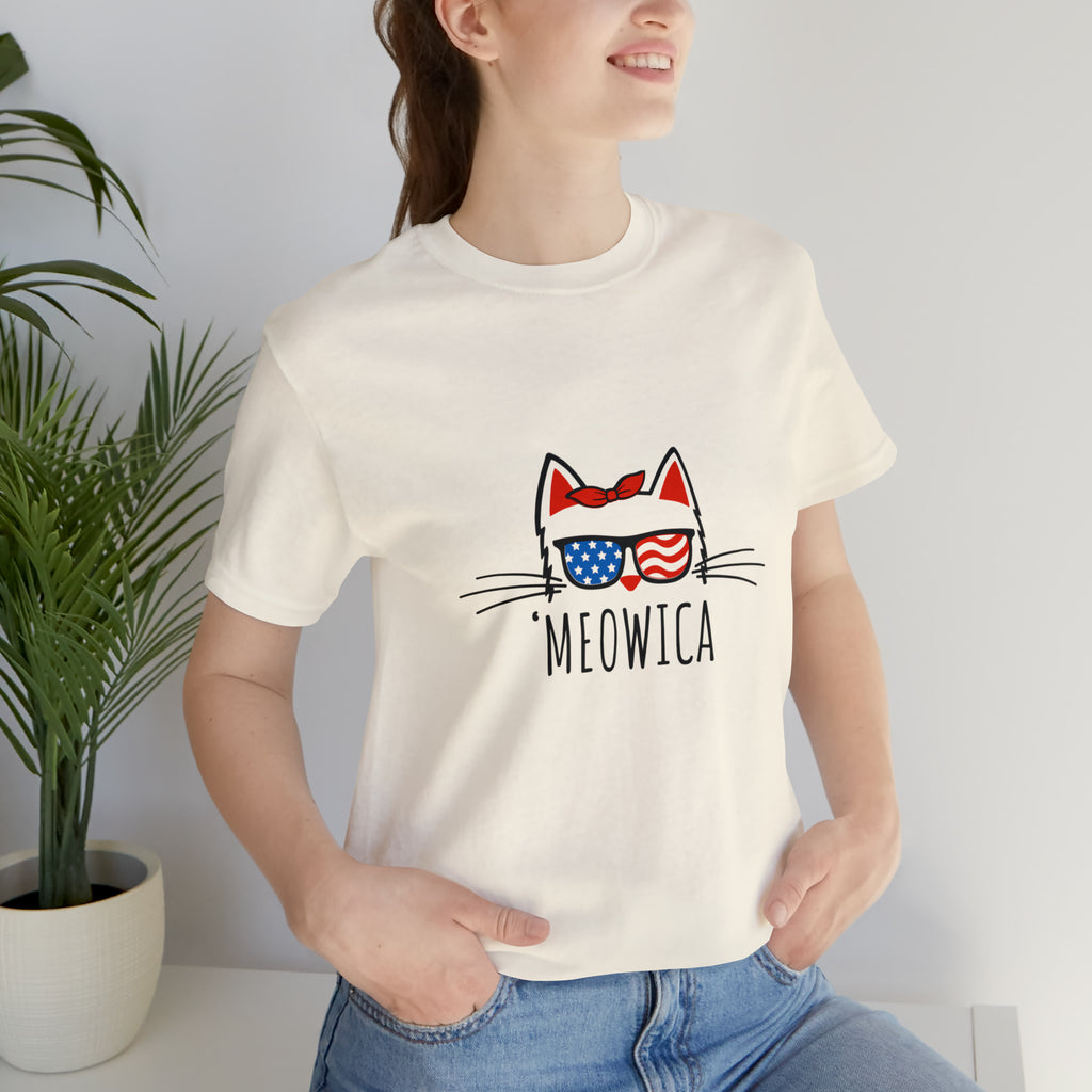 'Meowica Patriotic Cat with Sunglasses Jersey Short Sleeve Tee - Soft & Comfortable - Cute & Patriotic Clothing - Made in the USA