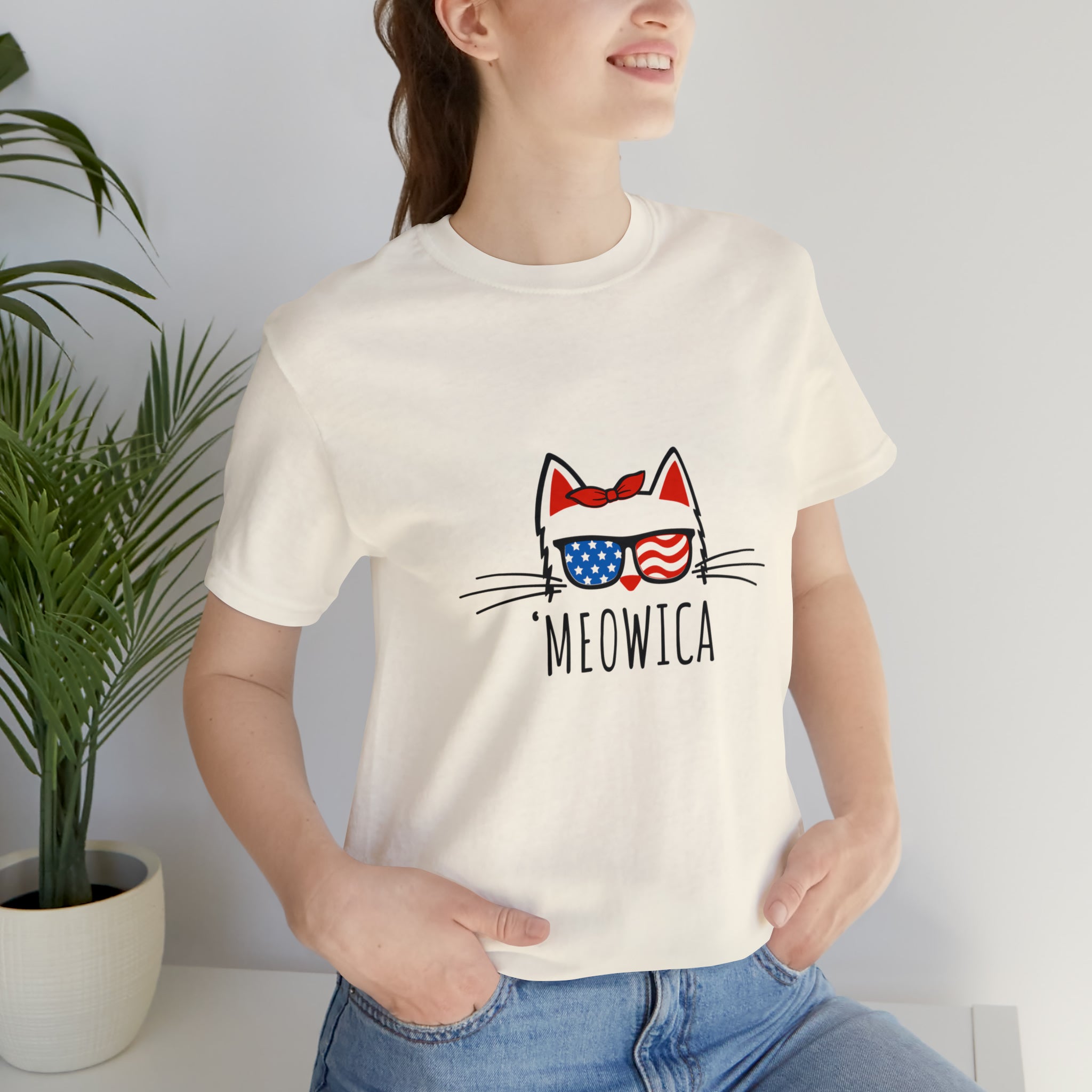 'Meowica Patriotic Cat with Sunglasses Jersey Short Sleeve Tee - Soft & Comfortable - Cute & Patriotic Clothing - Made in the USA