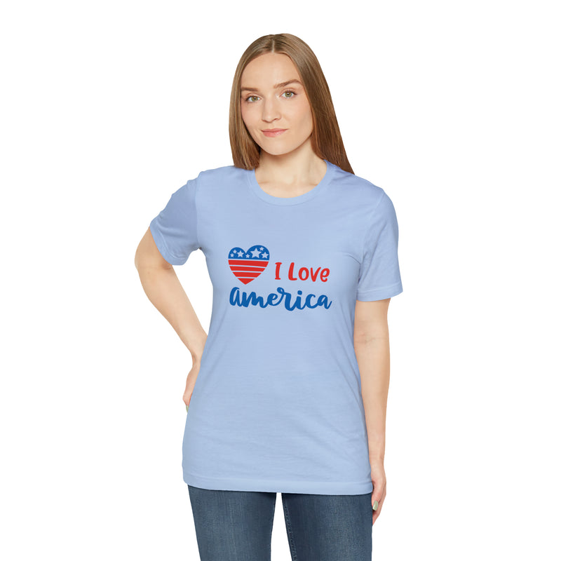 I Love America Heart Jersey Short Sleeve Tee - Soft & Comfortable - Patriotic Clothing - Made in the USA