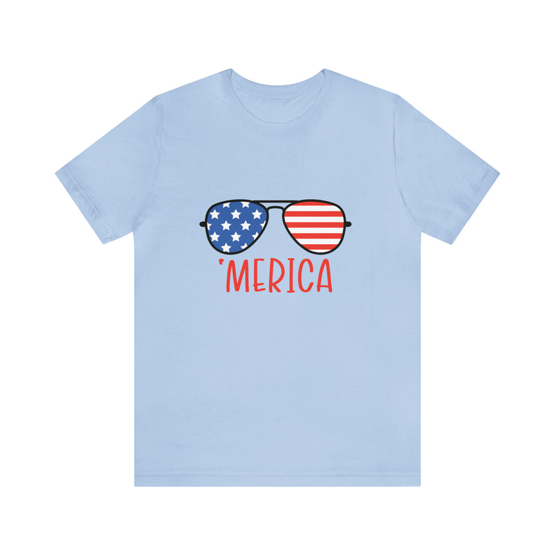 'Merica American Flag Sunglasses Jersey Short Sleeve Tee - Soft & Comfortable - Patriotic Clothing - Made in the USA