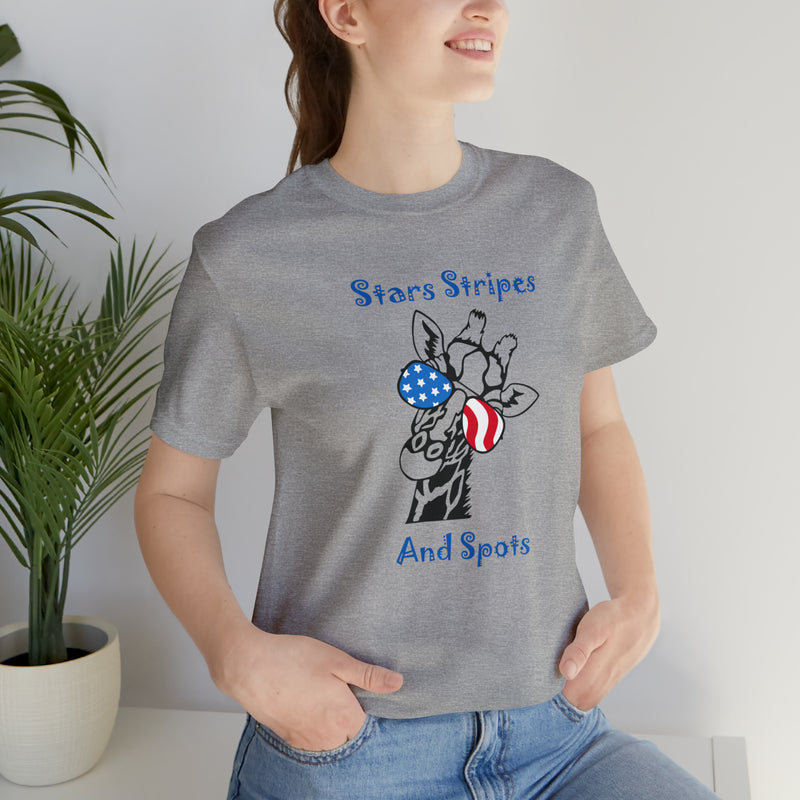 Stars, Stripes & Spots Patriotic Giraffe Jersey Short Sleeve Tee - Soft & Comfortable - Cute & Patriotic Clothing - Made in the USA