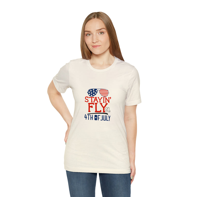 Stayin' Fly on the 4th of July American Flag Sunglasses Unisex Jersey Short Sleeve Tee - Stylish Patriotic Clothing - Made in the USA