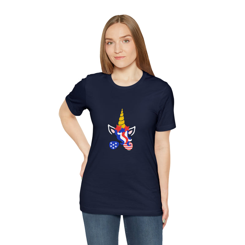 4th of July Unicorn with Sunglasses Jersey Short Sleeve Tee - Soft & Comfortable - Patriotic Clothing - Made in the USA