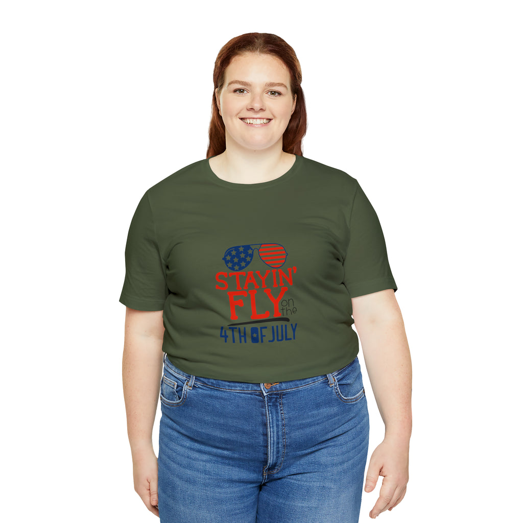 Stayin' Fly on the 4th of July American Flag Sunglasses Unisex Jersey Short Sleeve Tee - Stylish Patriotic Clothing - Made in the USA