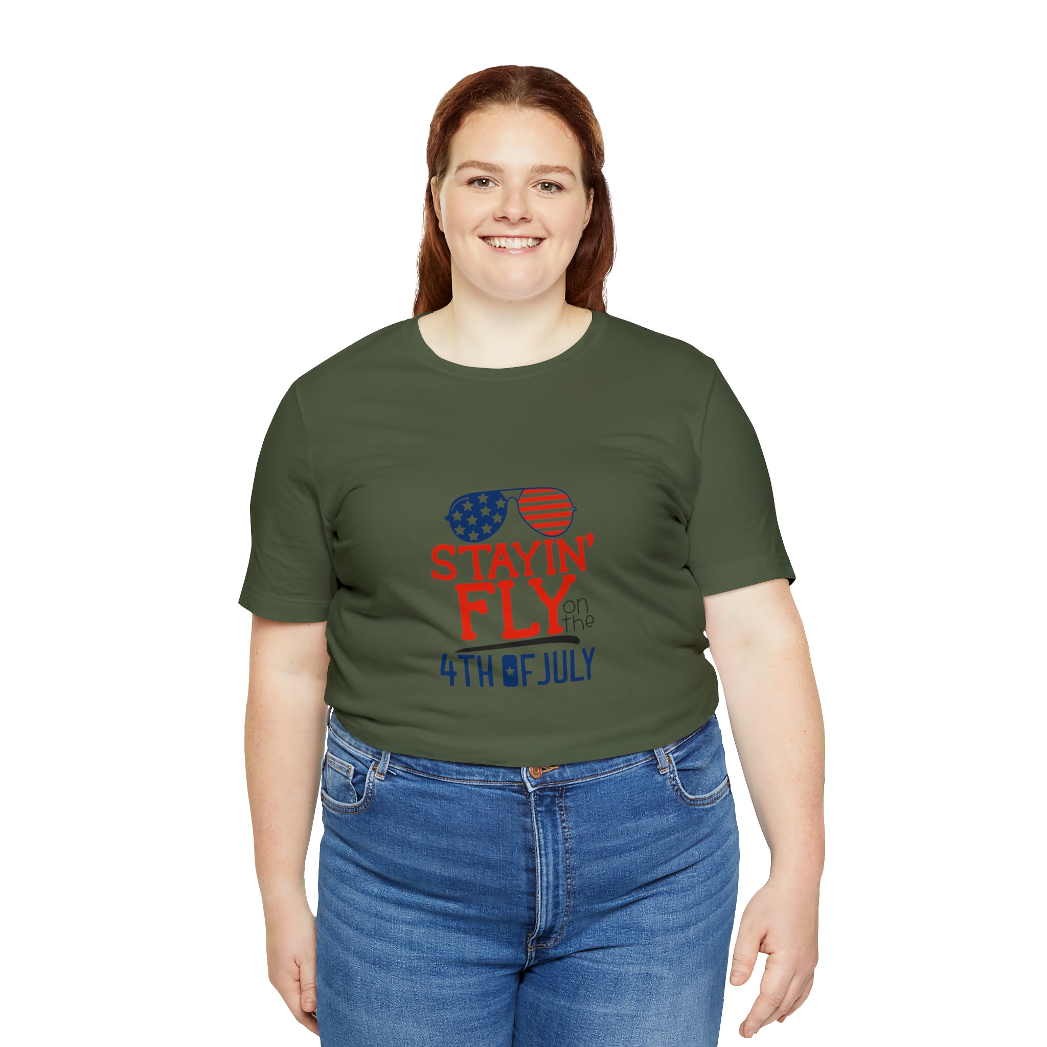 Stayin' Fly on the 4th of July American Flag Sunglasses Unisex Jersey Short Sleeve Tee - Stylish Patriotic Clothing - Made in the USA