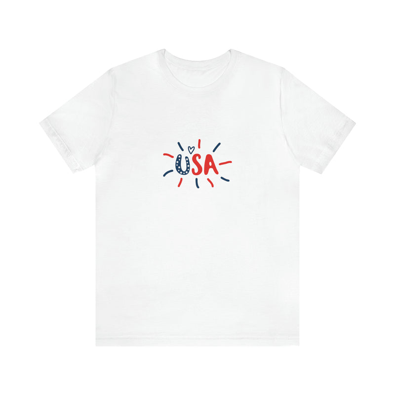 USA Heart Firework Jersey Short Sleeve Tee - Patriotic Clothing - Made in the USA