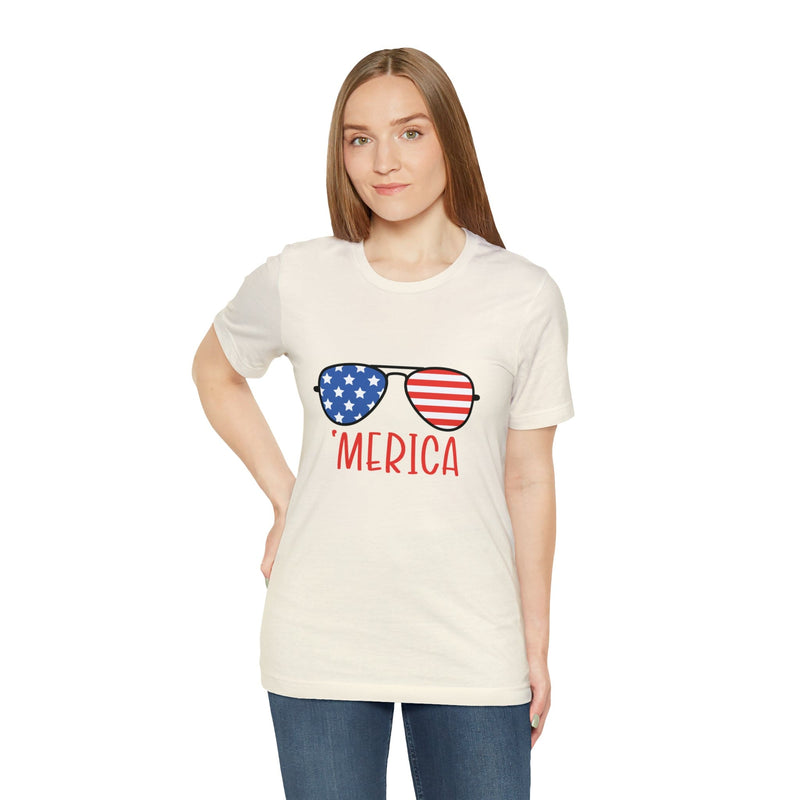 'Merica American Flag Sunglasses Jersey Short Sleeve Tee - Soft & Comfortable - Patriotic Clothing - Made in the USA