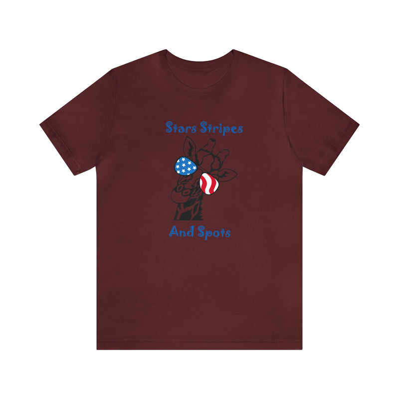 Stars, Stripes & Spots Patriotic Giraffe Jersey Short Sleeve Tee - Soft & Comfortable - Cute & Patriotic Clothing - Made in the USA