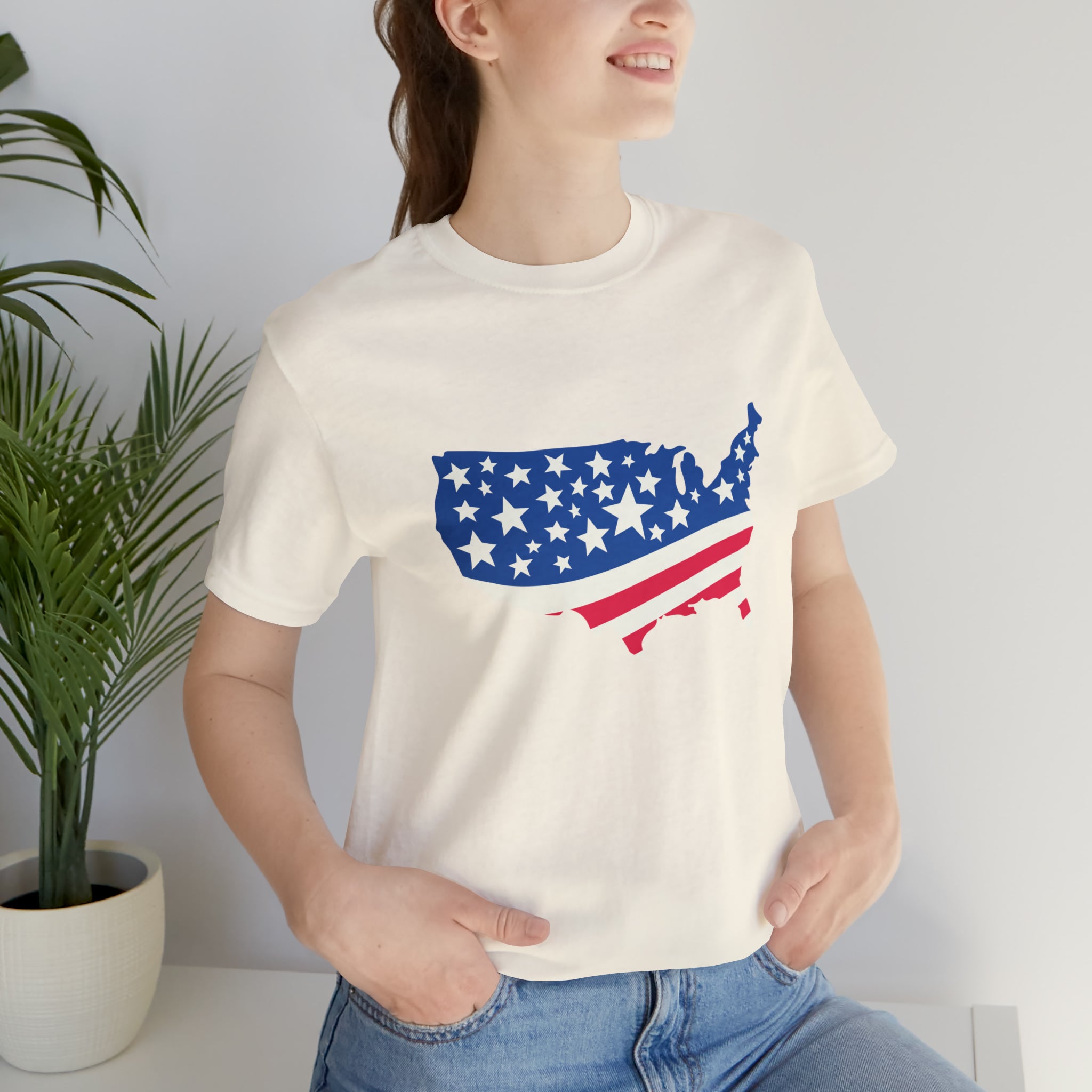 4th of July American Flag Map Jersey Short Sleeve Tee - Soft & Comfortable - Patriotic Clothing - Made in the USA