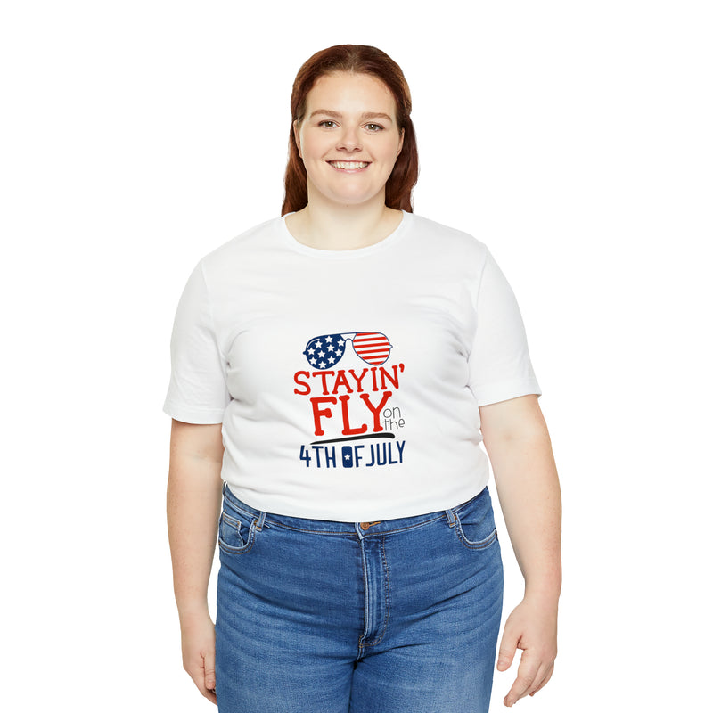 Stayin' Fly on the 4th of July American Flag Sunglasses Unisex Jersey Short Sleeve Tee - Stylish Patriotic Clothing - Made in the USA