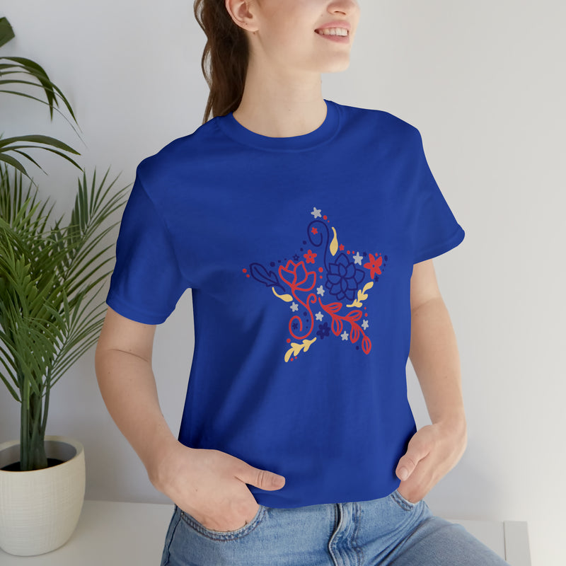 4th of July Floral Star Jersey Short Sleeve Tee - Patriotic Clothing - Made in the USA