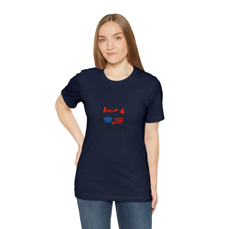 'Meowica Patriotic Cat with Sunglasses Jersey Short Sleeve Tee - Soft & Comfortable - Cute & Patriotic Clothing - Made in the USA