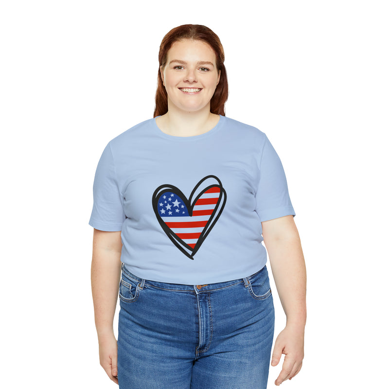 Love America Flag Heart Jersey Short Sleeve Tee - Soft & Comfortable - Patriotic Clothing - Made in the USA