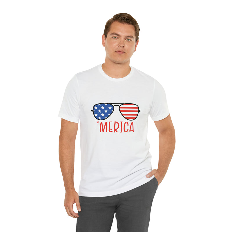 'Merica American Flag Sunglasses Jersey Short Sleeve Tee - Soft & Comfortable - Patriotic Clothing - Made in the USA