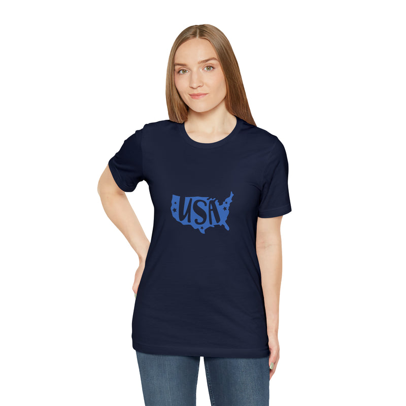 Blue USA Map Short Sleeve Tee - Patriotic Clothing - Made in the USA