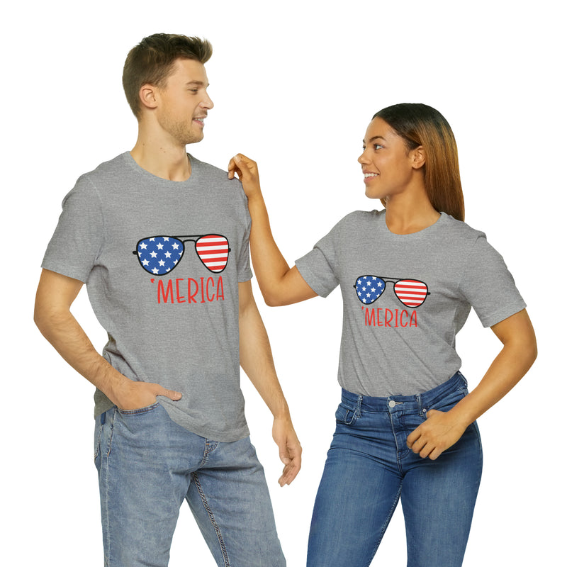 'Merica American Flag Sunglasses Jersey Short Sleeve Tee - Soft & Comfortable - Patriotic Clothing - Made in the USA