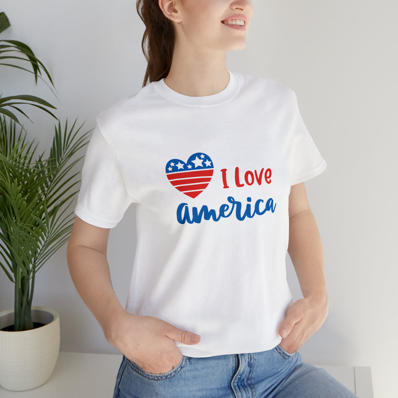 I Love America Heart Jersey Short Sleeve Tee - Soft & Comfortable - Patriotic Clothing - Made in the USA