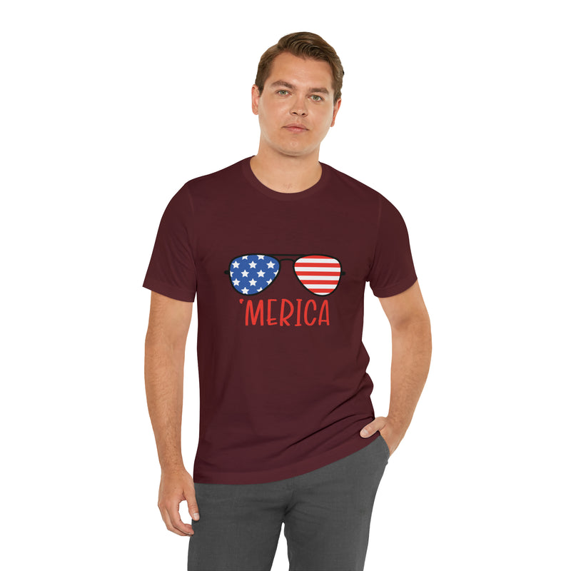 'Merica American Flag Sunglasses Jersey Short Sleeve Tee - Soft & Comfortable - Patriotic Clothing - Made in the USA