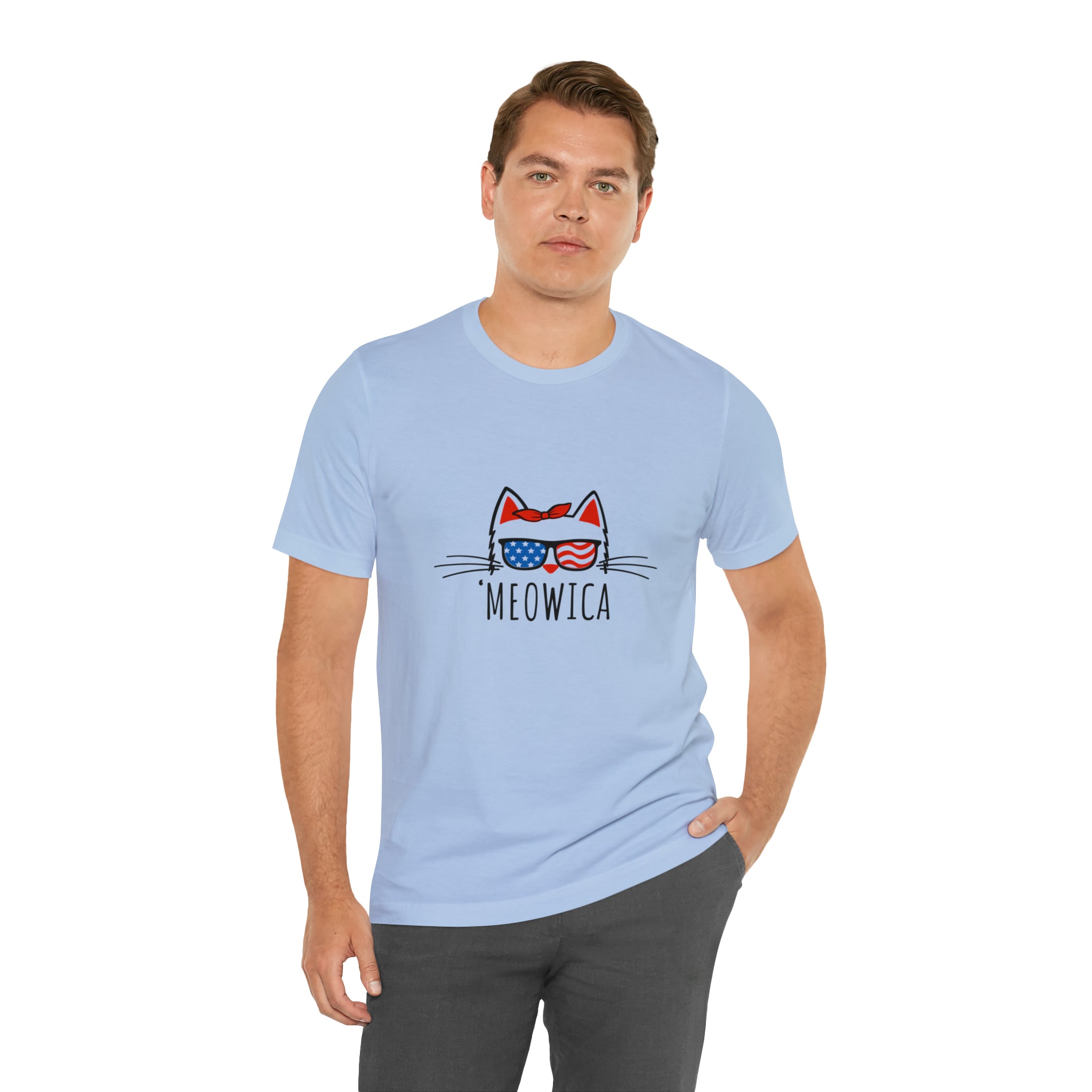 'Meowica Patriotic Cat with Sunglasses Jersey Short Sleeve Tee - Soft & Comfortable - Cute & Patriotic Clothing - Made in the USA
