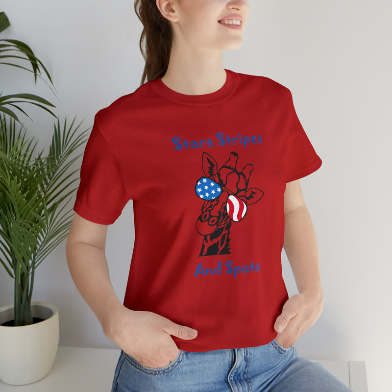 Stars, Stripes & Spots Patriotic Giraffe Jersey Short Sleeve Tee - Soft & Comfortable - Cute & Patriotic Clothing - Made in the USA