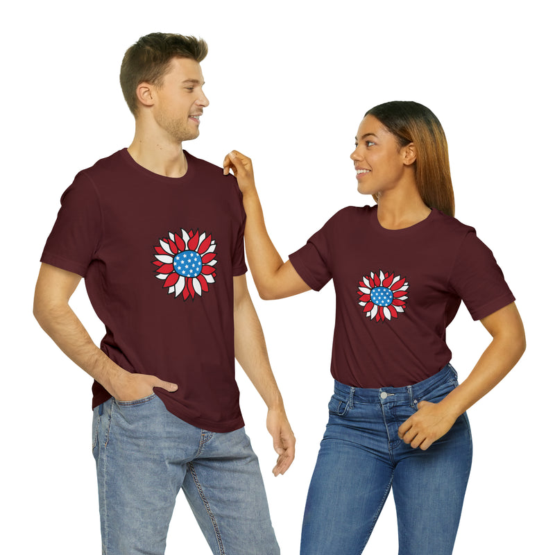 Patriotic Sunflower American Flag Jersey Short Sleeve Tee - Soft & Comfortable - Patriotic Clothing - Made in the USA