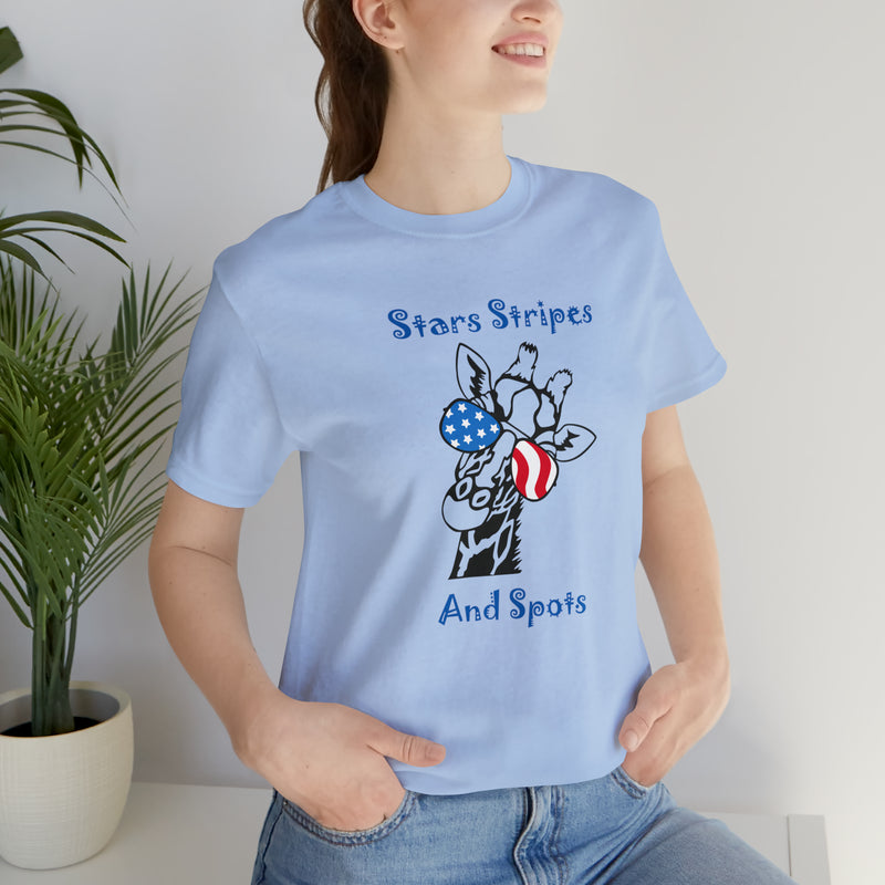 Stars, Stripes & Spots Patriotic Giraffe Jersey Short Sleeve Tee - Soft & Comfortable - Cute & Patriotic Clothing - Made in the USA