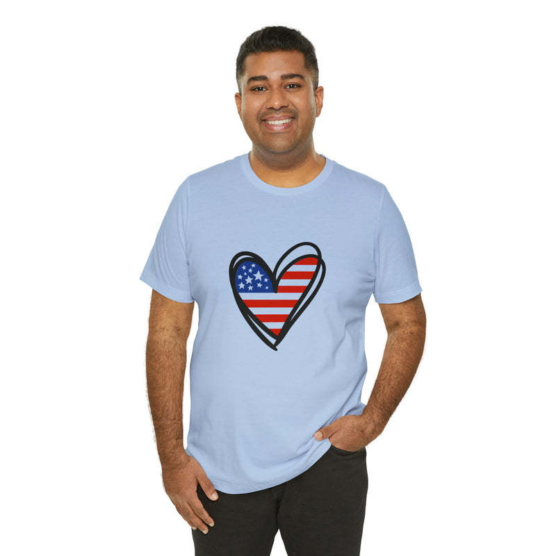 Love America Flag Heart Jersey Short Sleeve Tee - Soft & Comfortable - Patriotic Clothing - Made in the USA