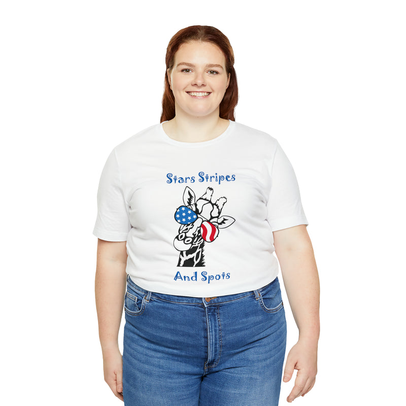 Stars, Stripes & Spots Patriotic Giraffe Jersey Short Sleeve Tee - Soft & Comfortable - Cute & Patriotic Clothing - Made in the USA