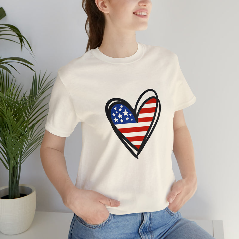 Love America Flag Heart Jersey Short Sleeve Tee - Soft & Comfortable - Patriotic Clothing - Made in the USA