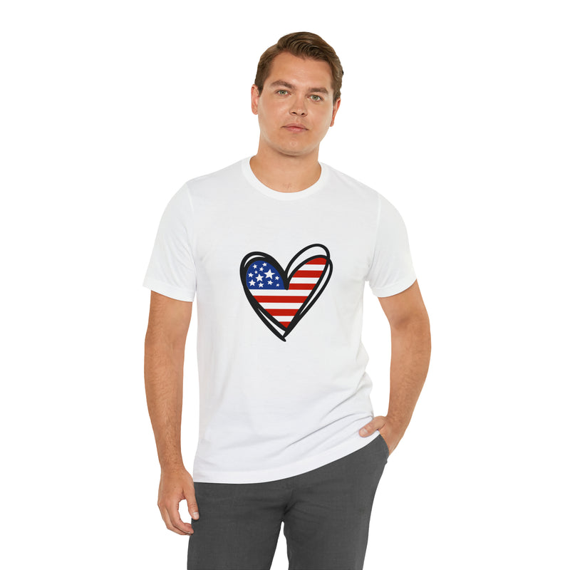 Love America Flag Heart Jersey Short Sleeve Tee - Soft & Comfortable - Patriotic Clothing - Made in the USA